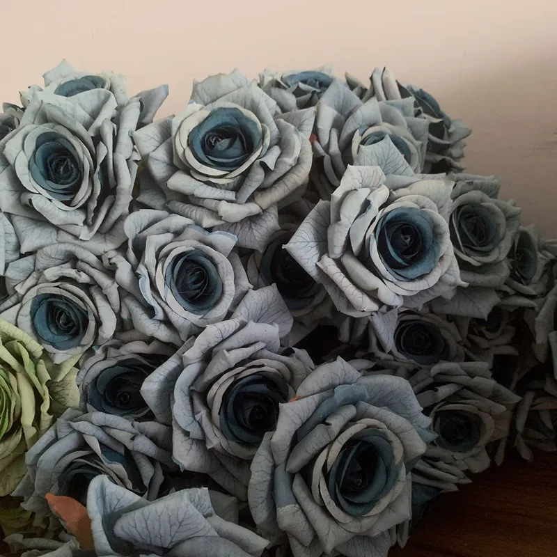 7Heads Roses Bouquet Artificial Flower Haze Blue Sage Green Bean Paste Green Fake Rose Retro Living Room Decoration Wedding