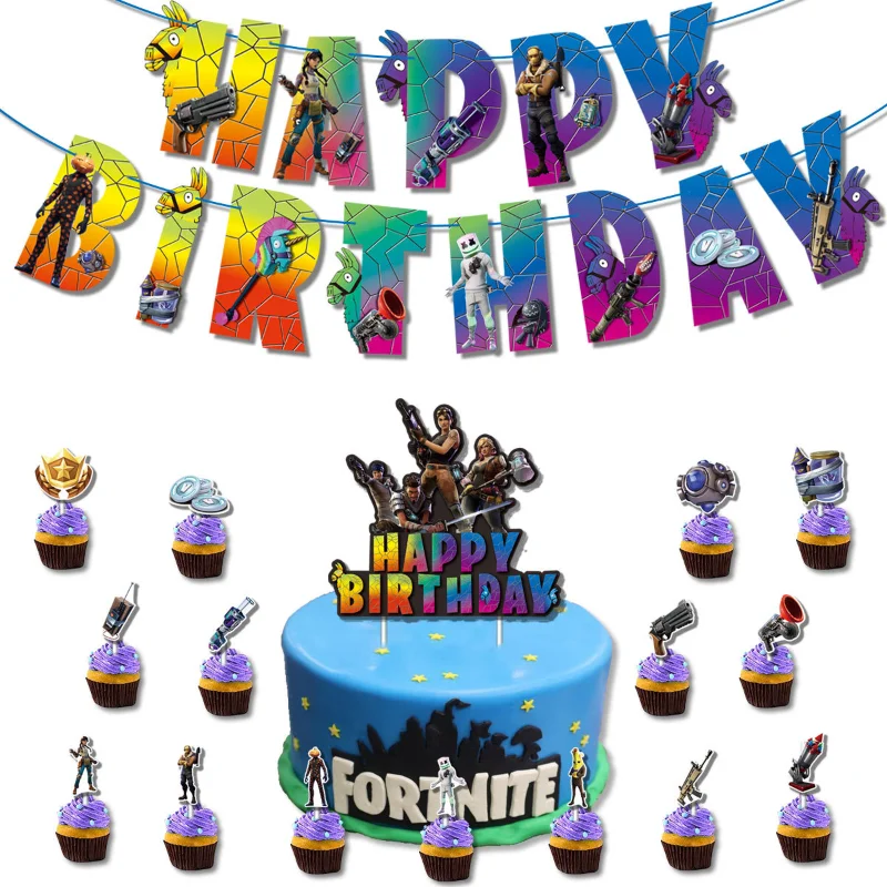 Fortnite Verjaardagsfeestje Set Trek de vlag Taarttopper Ballonset