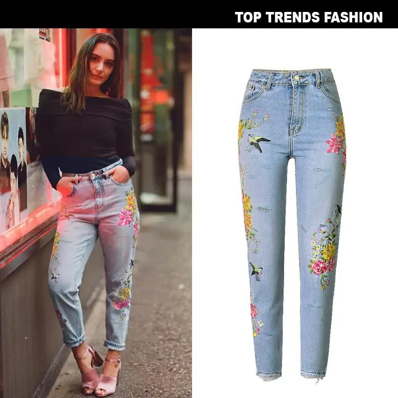 

Women's High Waist Straight Leg Jeans Floral Embroidery High Faion Blue Denim Trousers Autumn Collection Long Pants