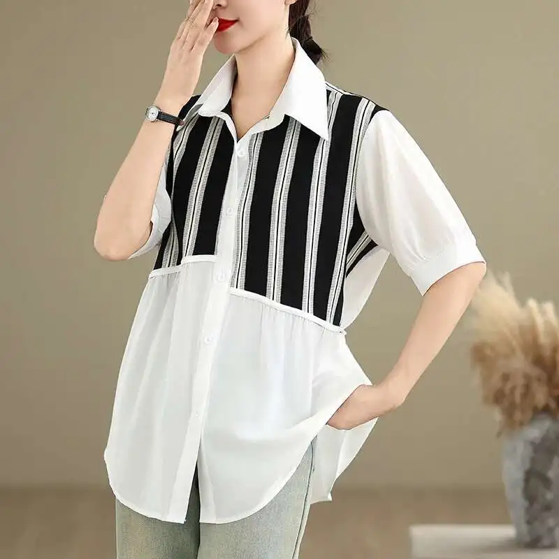

Short Sleeve Turn-down Collar Single Breasted Black Shirts Striped Patchwork Lace-up Design White Shirt Summer