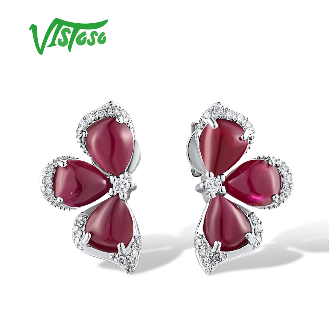 VISTOSO Authentic 14K 585 White Gold Stud Earrings For Women Sparkling Diamonds Ruby Fancy Flower Wedding Party Fine Jewelry