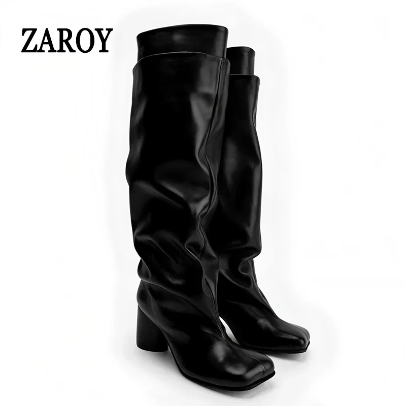 ZAROY Luxury Knee High Boots Women Square Toe Block Heel Wide Calf Retro Riding Boots Winter Pleated Splicing Long Boots 