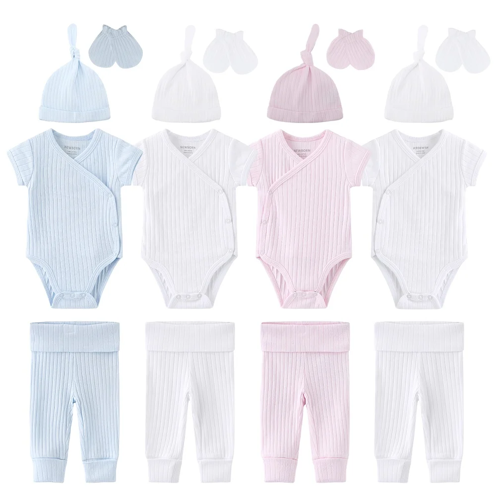 Newborn 8Pcs Baby Boy Jumpsuit Set Girl Clothes for Babies Rompers Outfits Infant Toddler Pajamas Bodysuits Pants&Hats Gloves