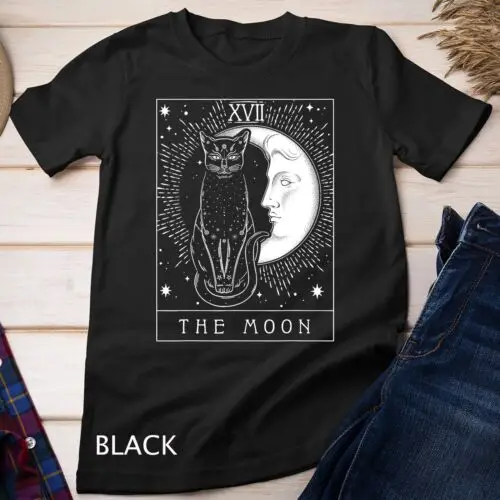 Tarot Card Crescent Moon And Cat Graphic Unisex T-shirt