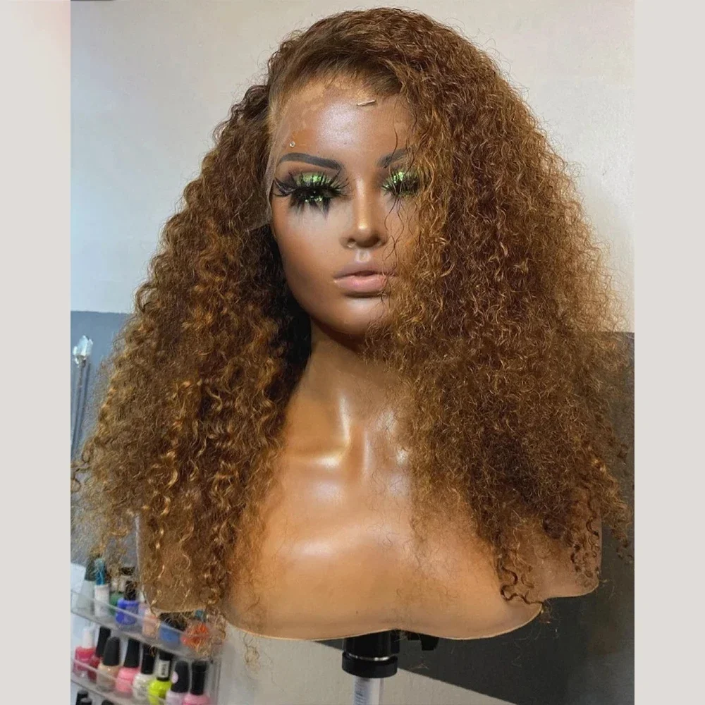 شعر مستعار ناعم بطول 26 بوصة بني 180 كثافة غريب مجعد عميق باروكات أمامية من الدانتيل للنساء مع شعر أطفال بدون صمغ مقطوف مسبقًا يوميًا