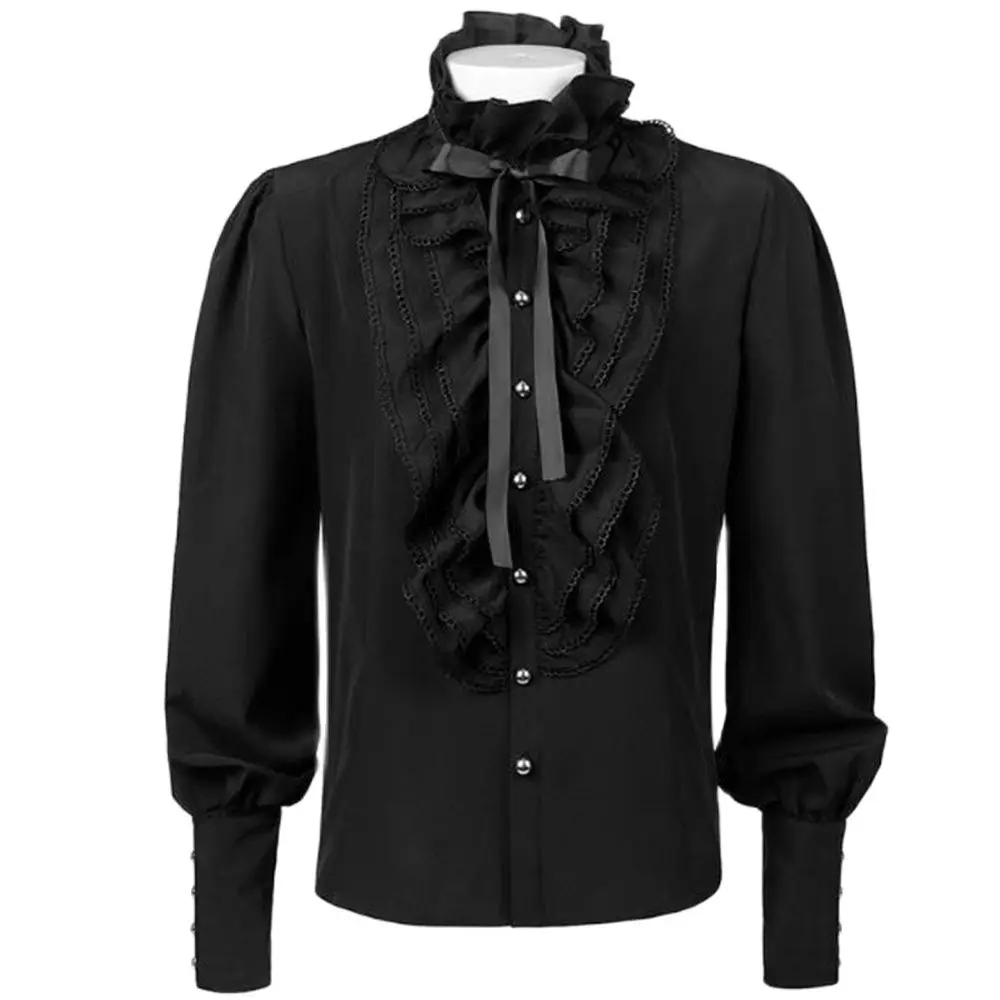 European American Men Pleated Shirt Medieval Clothing Steampunk Victorian Top Dress Inner Shirts Black Pirate Tops Chemise Homme