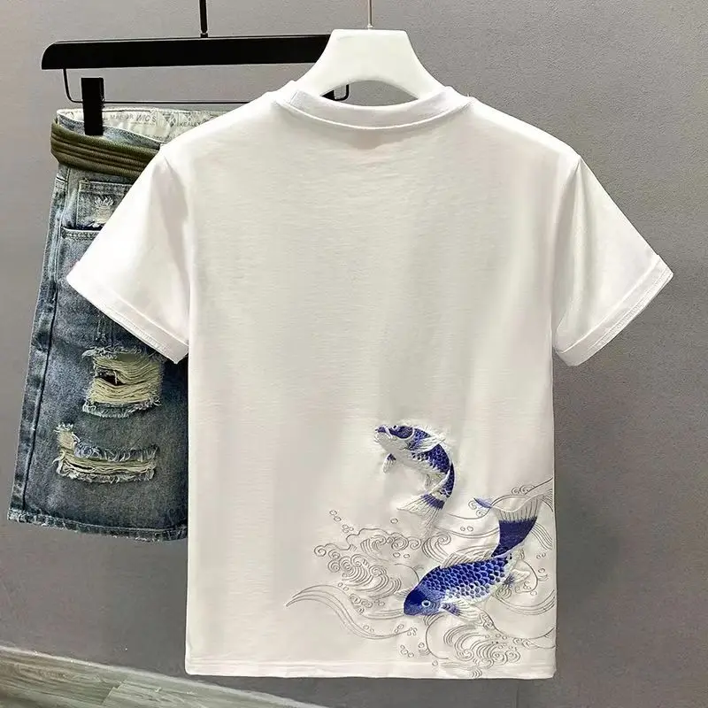 Summer Embroidered Fish Chinese Style Short-sleeved T-shirt Men's Trendy Top Casual Loose Fashion