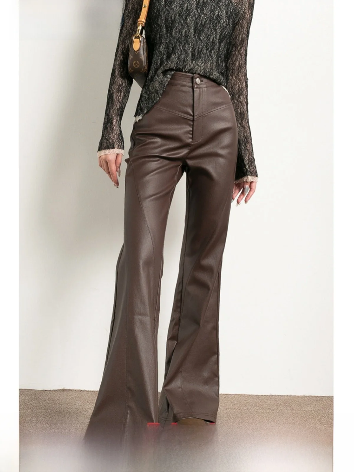 

Trendy Brown PU Leather Bell Bot Casual Pants High Waist Street Sle Women's Faion Qui Change to Chopstis Legs