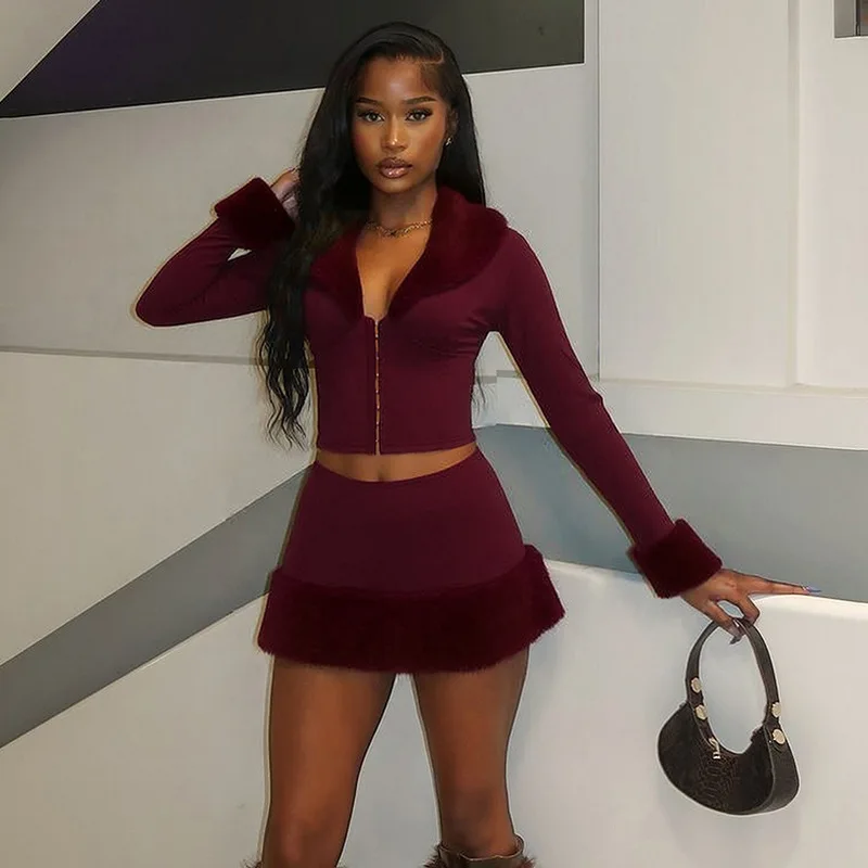 Women Faux Fur Patchwork 2 Piece Set Turn Down Collar Long Sleeve Single Breasted Jacket Crop Top + Bodycon Mini Skirts Suits