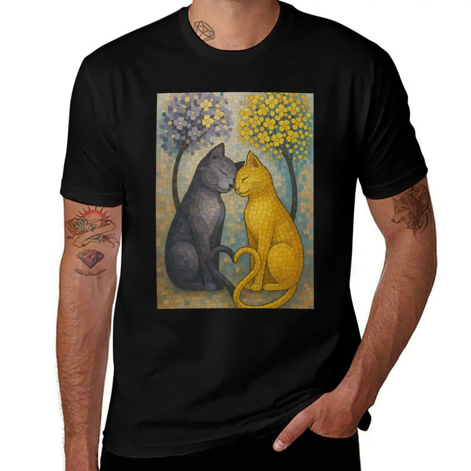 

Romantic Mosaic Cats Under Blossoming Trees. Whimsical Love Artwork. T-Shirt cotton graphic tees heavyweight t shirts for men