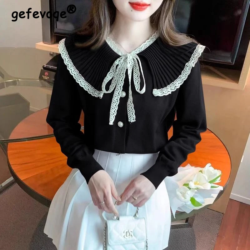 Women Stylish Lace-up Bow Patchwork Sweet Chic Knitted Sweater Autumn Winter Female Elegant Lace Long Sleeve Slim Pullover Tops