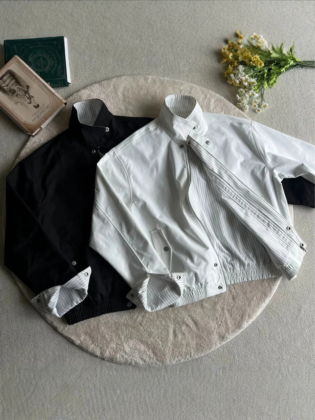 Autumn Men's Double-Sided Jacket American Casual Fashion Street Style Loose Striped Patchwork Stand Up Collar Baseball Jackets