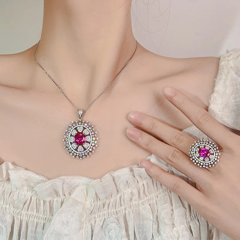 

Necklace Ring Jewelry Set Red and Blue Sunflower Design High-end Feel for Women