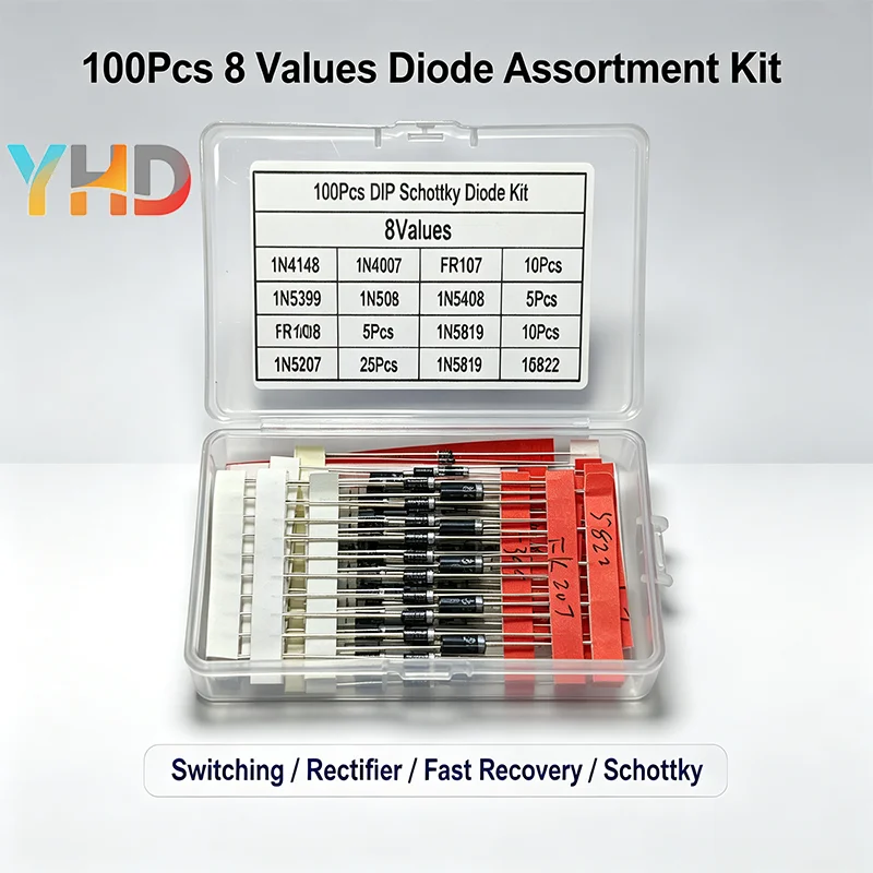 100PCS 8 Values Diode Kit 1N4148 1N4007 Schottky Switching Rectifier Diode 1N5819 1N5399 1N5408 1N5822 FR107 FR207 for Arduino