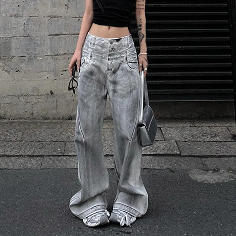 

American High Street Design Sense Tie-dye Wide-leg Jeans Women's 2025 Autumn New Retro Floor Pants