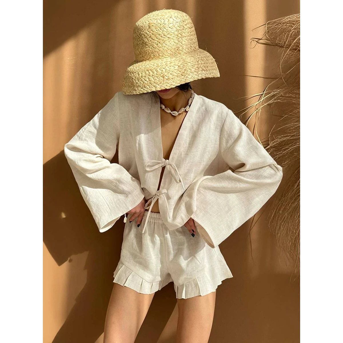 

Pure Cotton Wrap Cardigan Shorts Set Casual Loose Women's Summer Fashion Spring New Style Long Sleeve Patchwork Cotton Velvet