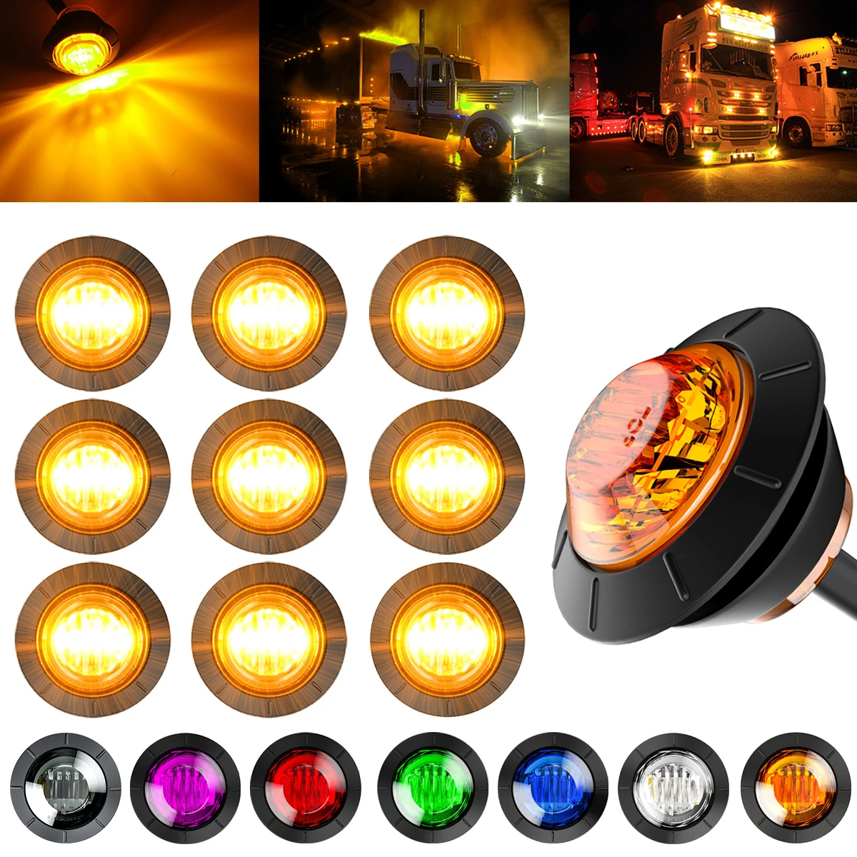 PSEQT 12V LED Side Marker Lights Round 3/4