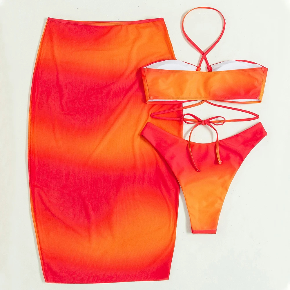 Maillot de bain et jupe de plage à lacets pour femmes, ensemble 3 pièces, tenue de plage, ensemble deux pièces, pour baigneurs, nouvelle collection été 2022