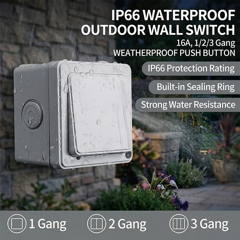 IP66 Rated Outdoor Wall Switch - Weatherproof Push Button, 1/2/3 Gang 16A for Home & Garden