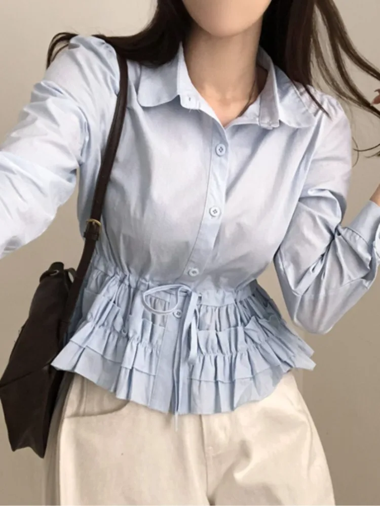 

Women's Long Sve irt Design Sense Turn-down Collar Single Button Waist Cinch Wood ain Early Spring New Sle Slim...