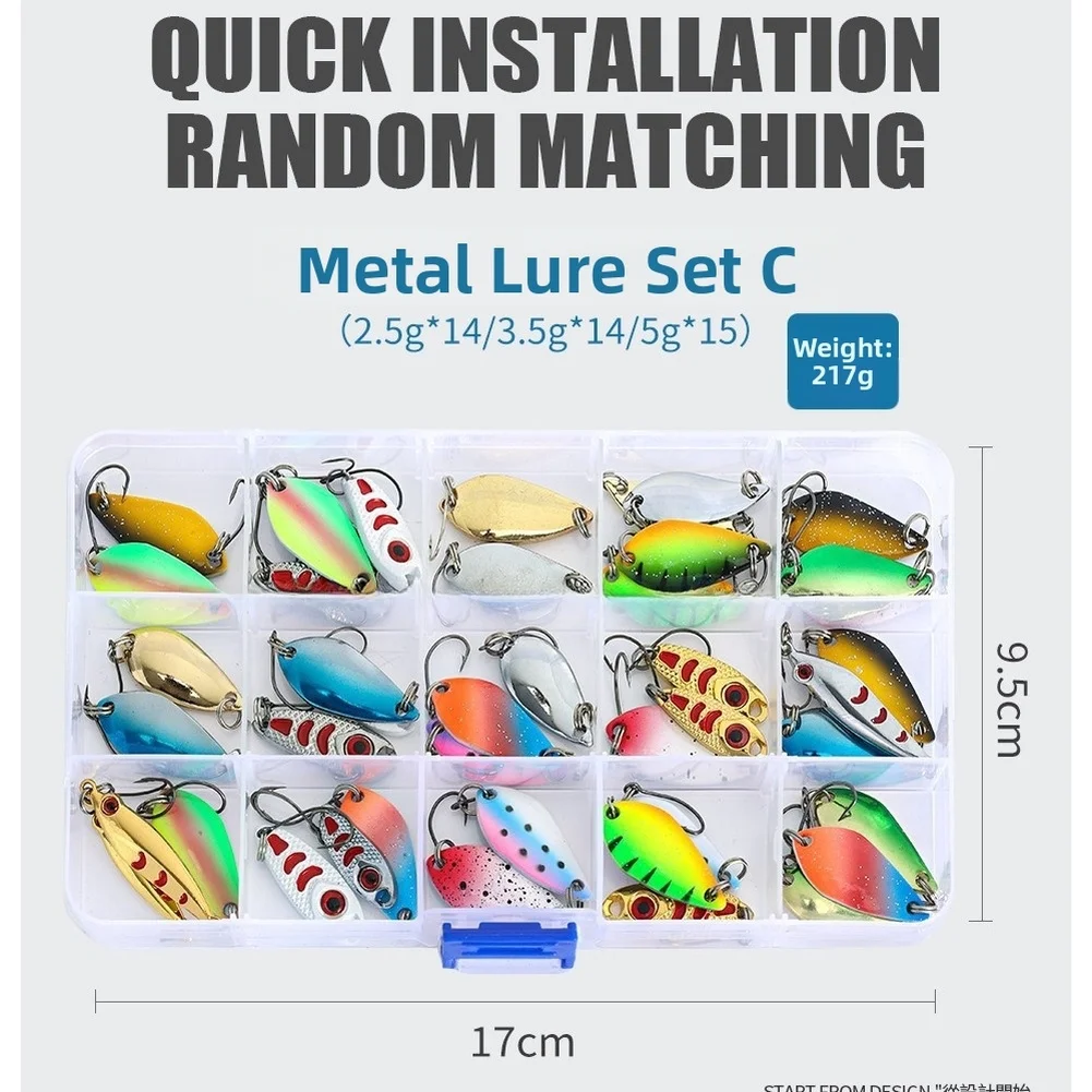 

43 шт., набор рыболовных приманок с колючими крючками для речной рыбалки, набор разноцветных металлических приманок разных размеров и весов