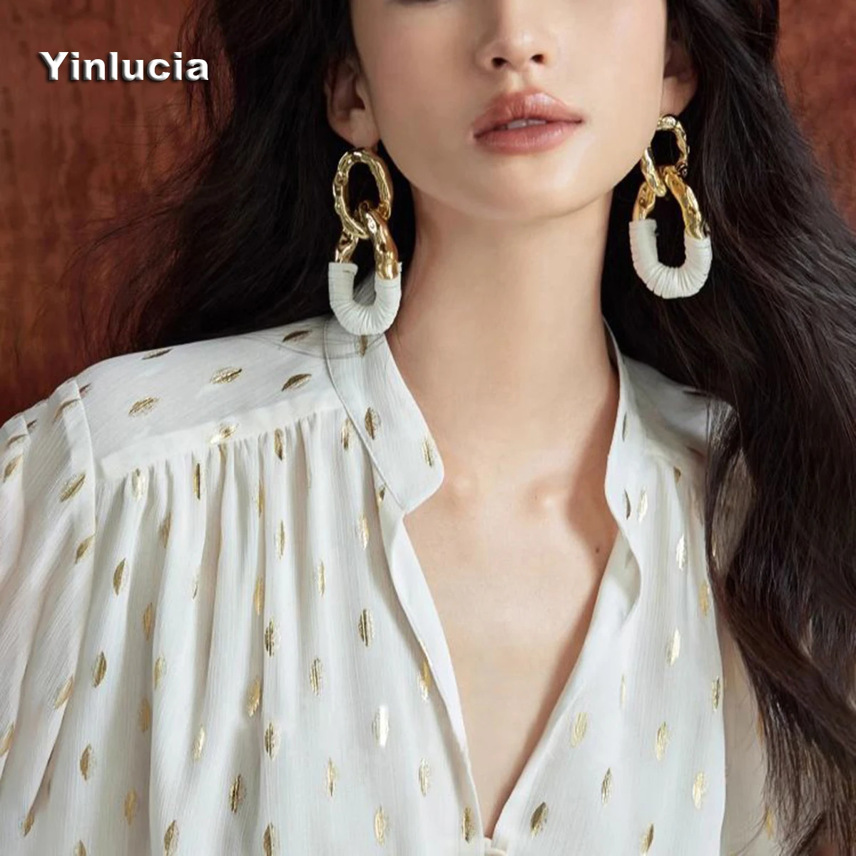 

Shiny Golden Leaf Chiffon Shirt Loose Tops Women Blouses Golden Glass Button Mandarin Collar Blouse Office Lady Y2K Wear