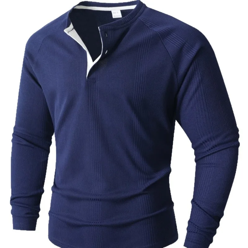 جديد جولة الرقبة طويلة الأكمام هينلي قاع قميص تي شيرت شريط عمودي قميص بولو للرجال #2