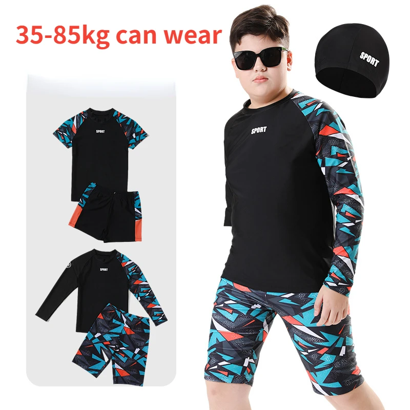 Children's Long Sleeve Split Body Swimsuit, Boy's Swimwear with Cap, Overweight, Young Boy, Hot Spring, New, 2024, 35-75kg