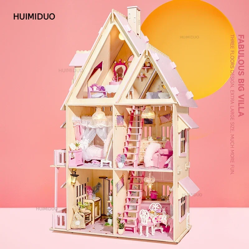 DIY Wooden Doll Houses Miniature Building Kit Princess Big Casa Dollhouse with Furniture Villa Toys for Girls Birthday Gifts