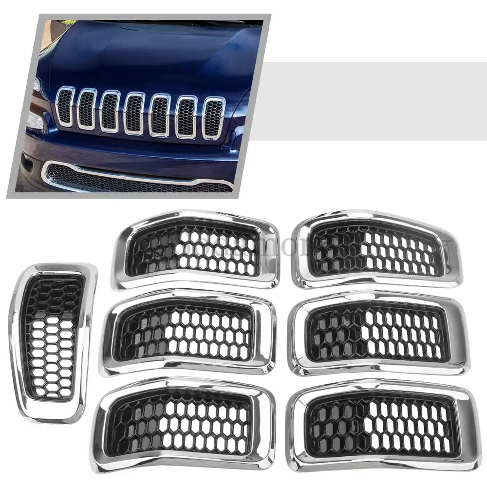 

Для Jeep Cherokee 2014-2018 автомобильные аксессуары, 7 шт., глянцевая черная вставка для передней решетки, накладка на решетку, сетчатый стиль 68303626AA ABS