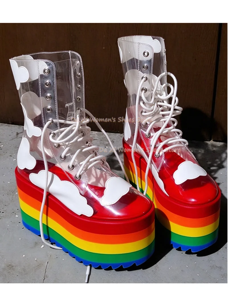 Transparent Material Rainbow-Colored Multi-Layer Thick Sole  White Clouds Decorate Y2K Style Party  Boots Women's Winter Boots