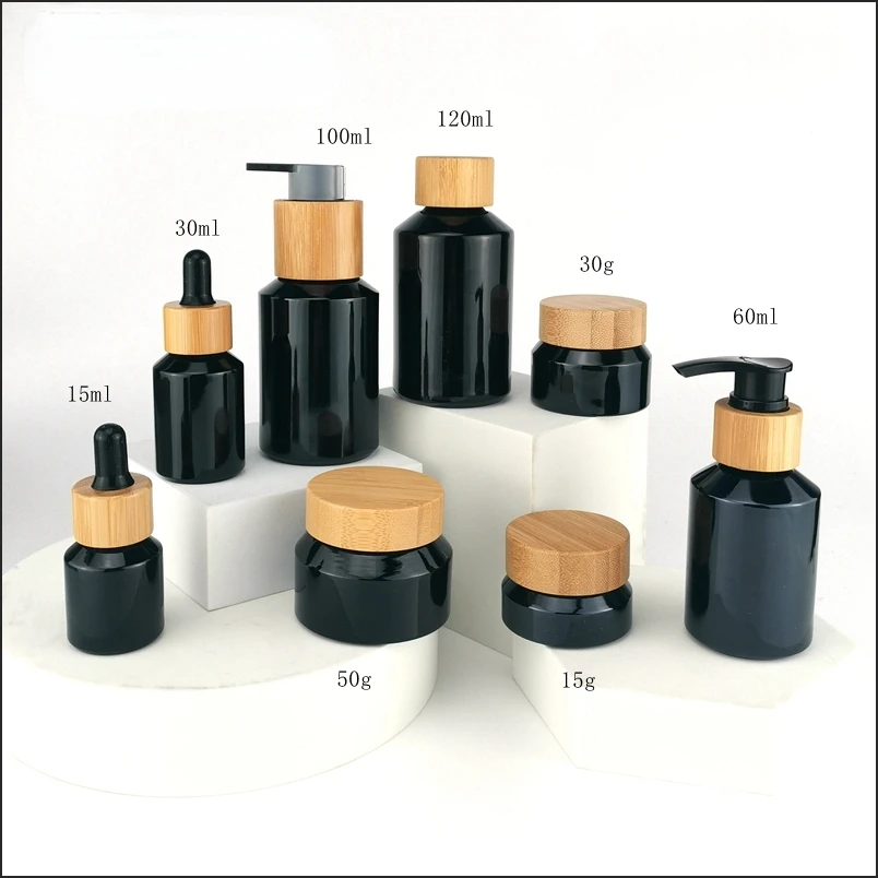 60pcs 200ml matte black glass bottle 15ml 30ml 60ml 120ml cosmetic glass bottle bamboo pump lids 30g 50g jar with bamboo lid