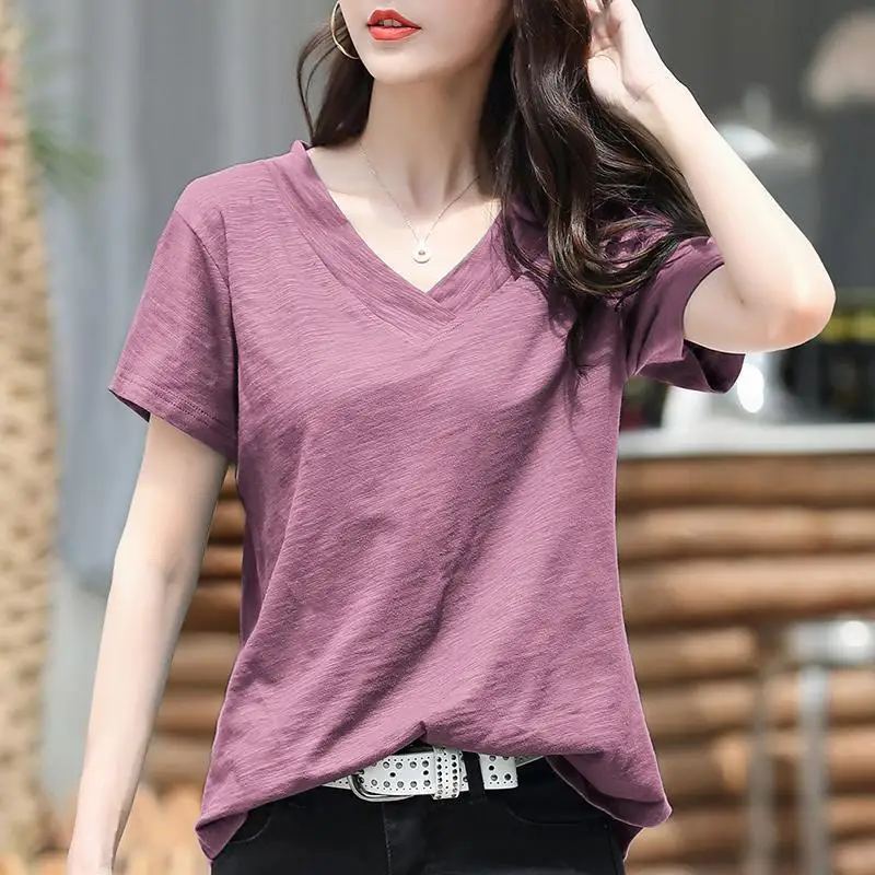 100% Pure Cotton Bamboo Rayon Loose Fit Short Sleeve V-Neck  Color Summer Top Trendy T-Shirt Women's Casual Wear
