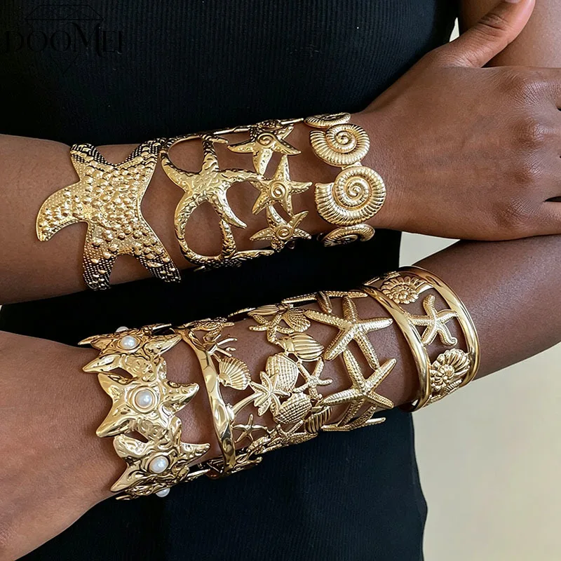 DOO MEI Large Starfish Conch Shell Cuff Bracelet Bangles for Women Men Exaggerated Irregular Bracelets Beach Hand Jewelry
