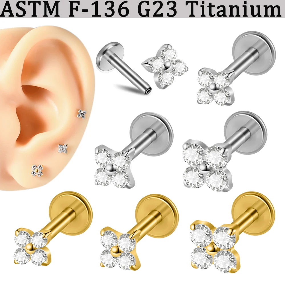 5-1PCS G23 Implant Titanium Four CZ Flower Paved Lip Labret 