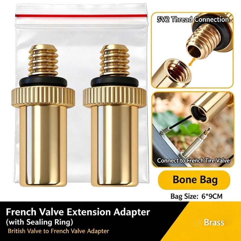 D5BE French-Style Tire Stem Extenders for Cycles, 2-Piece Copper Set with Threaded Screw-On and Sealing Rings for
