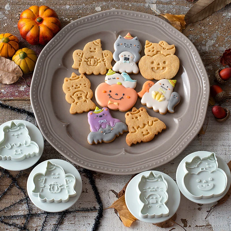 Halloween 3D Cookie Cutters Plastic Pumpkin Embosser Stamp Biscuit Mold Fondant Pastry Molds Cartoon Cake Decoration Tool