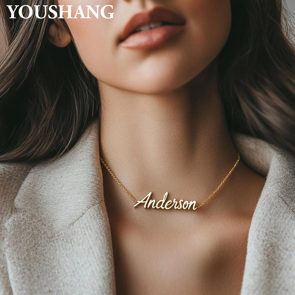 

YOUSHANG Customized Name Necklace Personalized Gold Tone Choker Women's Fashion Stainless Steel Letter Pendant Couple Gifts