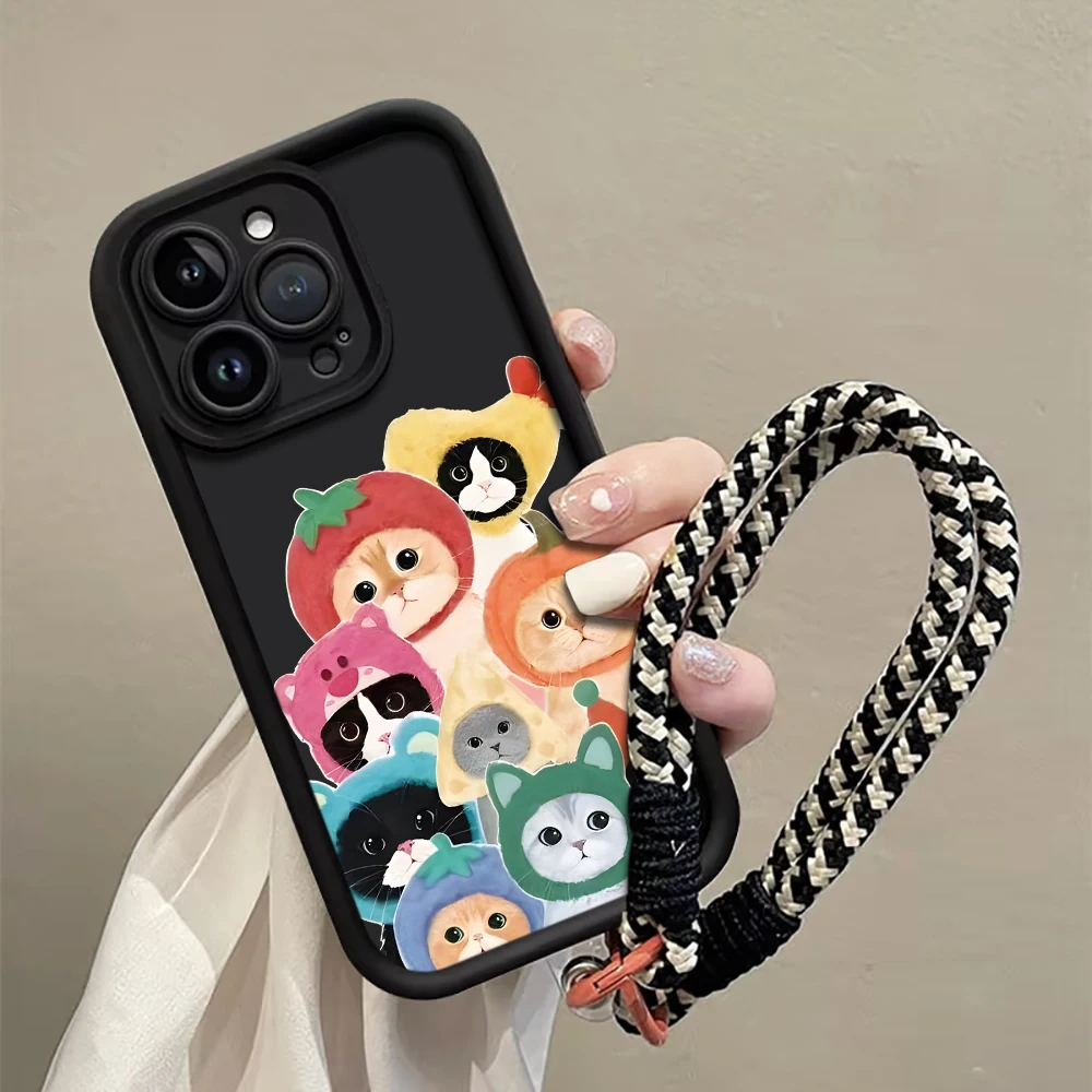 Katze in Kapuze Gurt-Seil-Handyhülle für iPhone 11 12 13 14 15 16 17 Pro Max 15 14 13 Plus 17E XR Stoßfeste Matte Silikonhülle – Detail 1