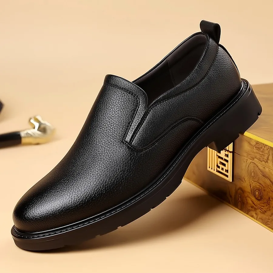 Men's Slip-On Loafers, Round Toe, Textured Upper, Thick Sole, Formal Shoes for Business and Weddings