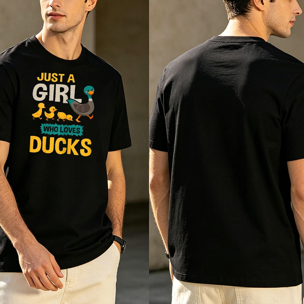 Just A Girl Who Loves Ducks Graphic Tee Pure Cotton Unisex Short Sleeve Loose Fit Black Tops Cartoon Duckling Animal Print