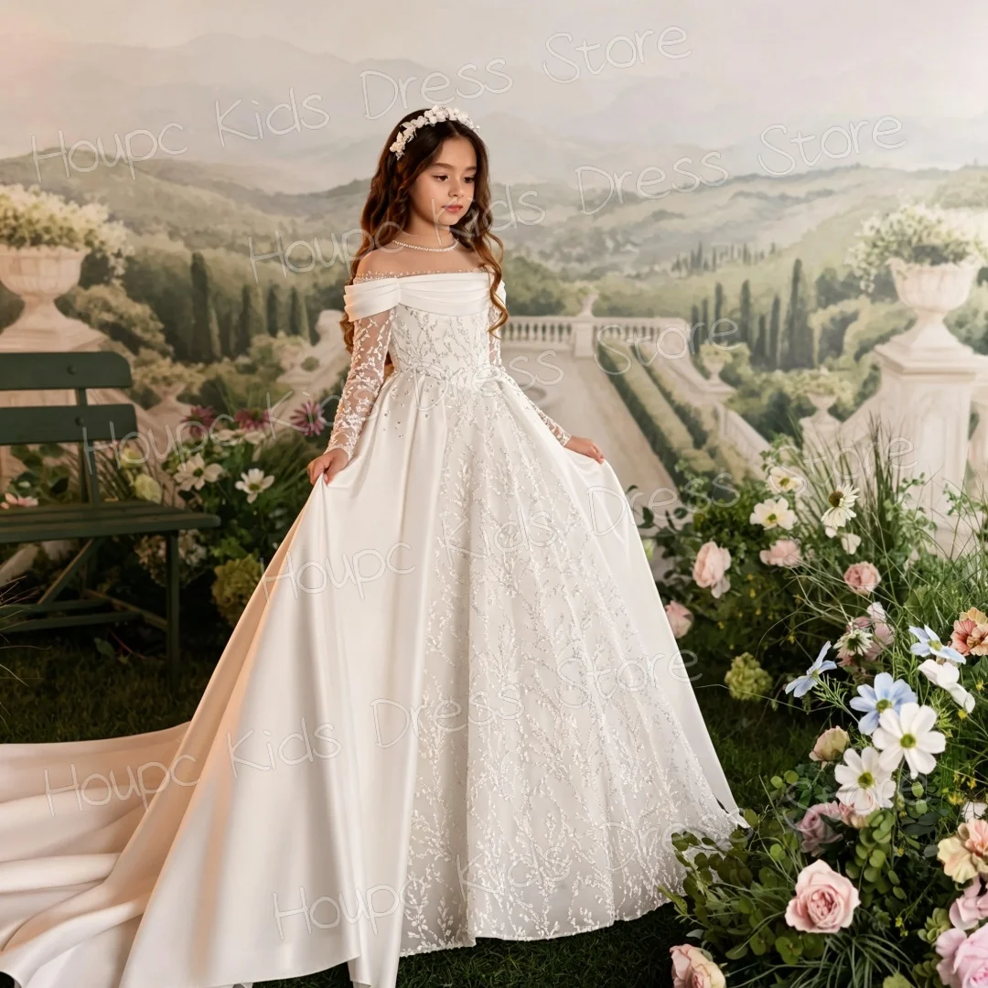 Custom White Lace Flower Girl Dress for First Communion, Off-Shoulder Long Sleeve A-Line Gown with Beaded Bodice & Train, Custom