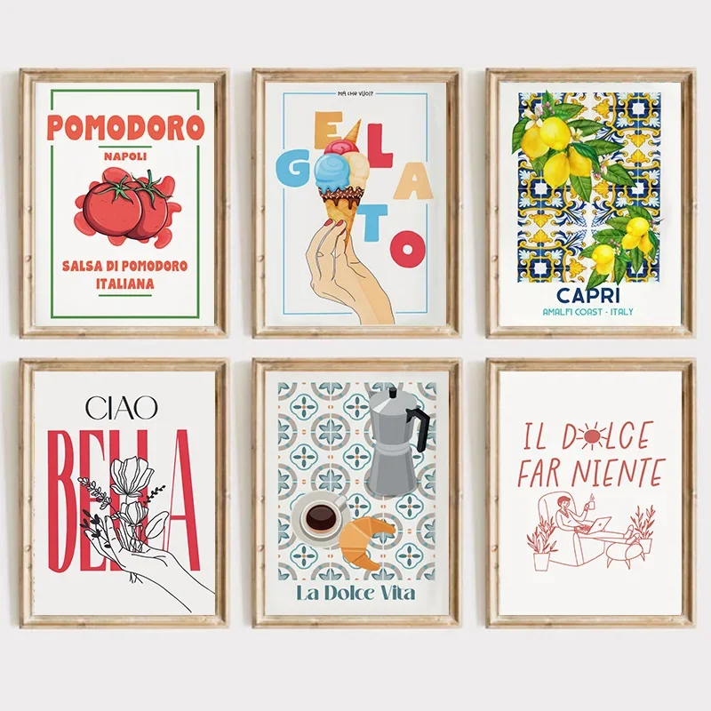 

Italian Wall Art Set Kitchen Poster Tomato Ice Cream Coffee Maker Cartoon Colour Canvas Painting Restaurant Wall Art