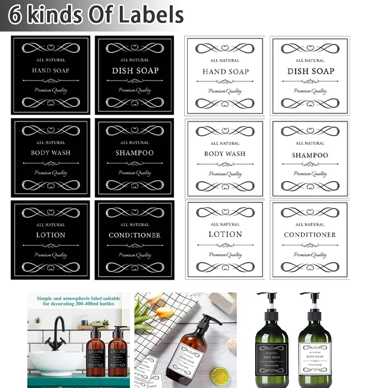 Soap Dispenser Waterproof Labels White Black Bathroom Jar Storage Label Shower Shampoo Conditioner Bottle Stickers 6/12 Pcs