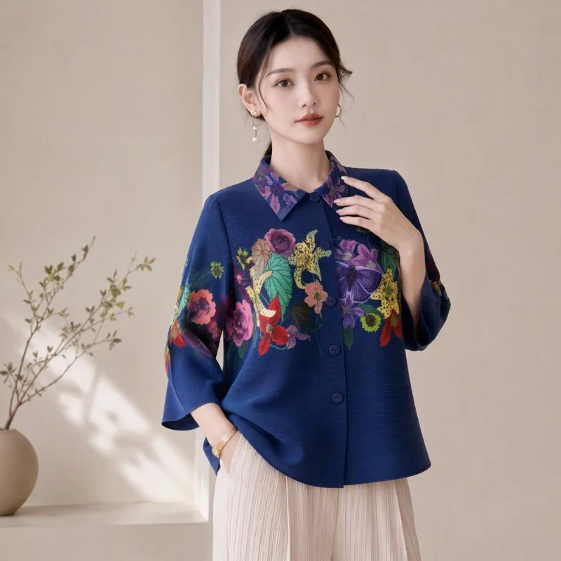 Pleated Blouse Women Vintage Casual Printed Fold Cardigan 2026 Autumn New Short Pleats Elegant and Simple Long Sleeve Shirt Top