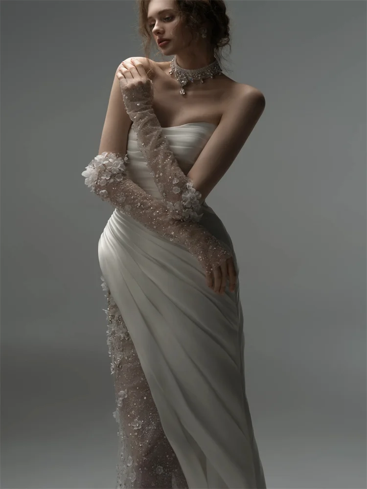 Vestido de novia sin tirantes personalizado con mangas largas extraíbles, tubo hasta el suelo, cremallera trasera, empalme de encaje Floral 3D para novia