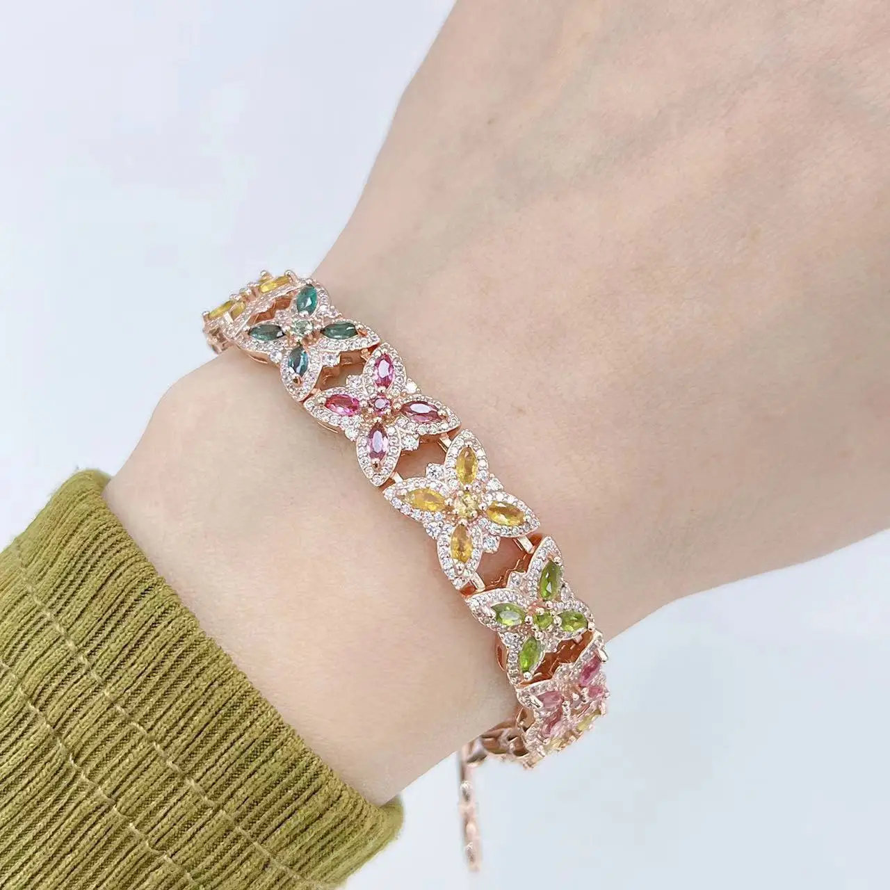 Natural Tourmaline Bracelet, S925 Sterling Silver Rose Gold Plated Colorful Gemstone Jewelry