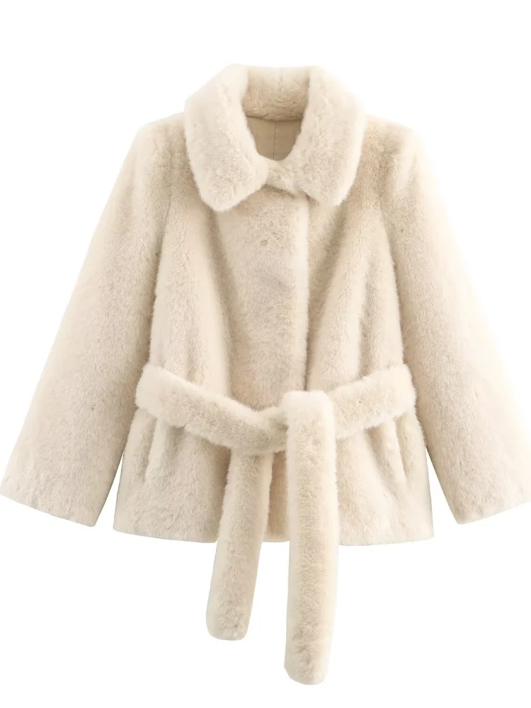 Lange Mouw Pluizige Korte Jassen 2025, Dame Winter Warm Straat Bovenkleding Elegante Solid Lace Up Faux Bontjas Damesmode Revers