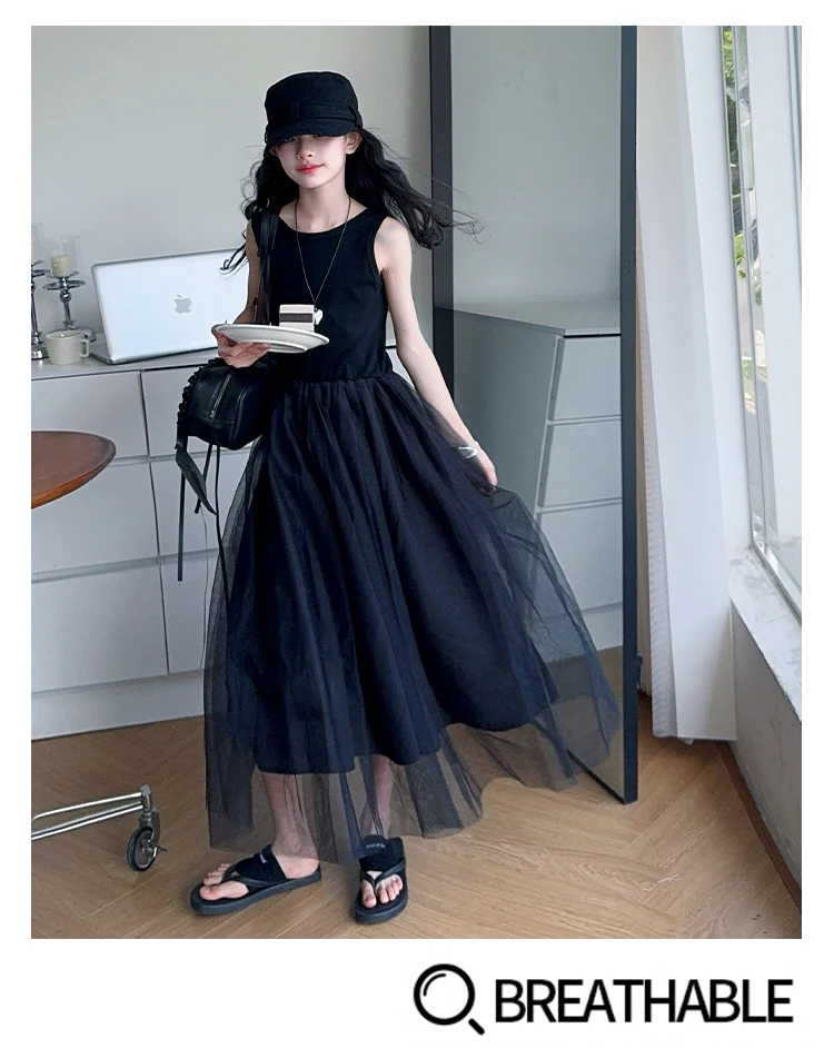 Schwarzes, rückenfreies, einteiliges Tüllkleid für Teenager-Mädchen, ärmelloses, langes Patchwork-Gaze-Kleid für Kinder, Sommerkostüm. – Detail 3
