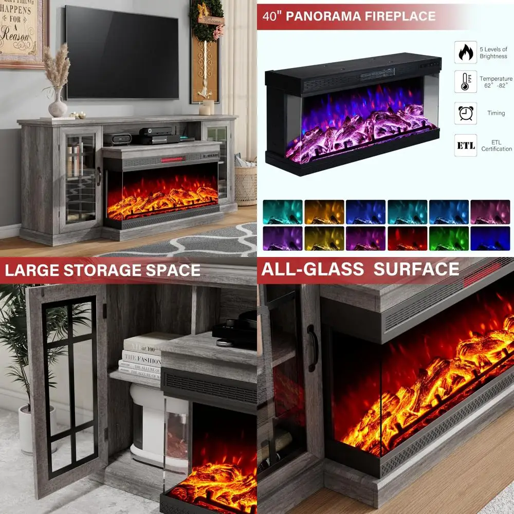 Supporto TV per camino elettrico 75 con vetro a 3 lati, centro multimediale in stile fattoria con armadio portaoggetti con porta in vetro